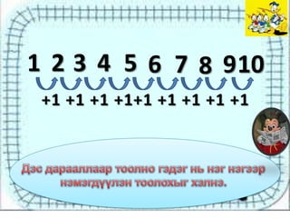 1 2 3 4 5 6 7 8 910
+1 +1 +1 +1+1 +1 +1 +1 +1

 