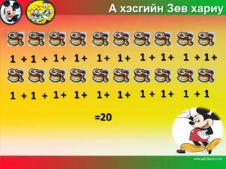 А хэсгийн Зөв хариу

1 + 1 + 1+ 1+ 1+ 1+ 1 + 1+ 1 + 1+
1 + 1 + 1+ 1+ 1+ 1+ 1 + 1+ 1 + 1
=20

 