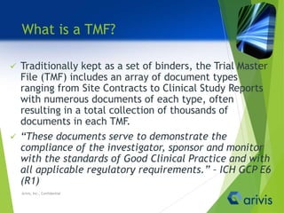 What is a TMF?
 Traditionally kept as a set of binders, the Trial Master
File (TMF) includes an array of document types
ranging from Site Contracts to Clinical Study Reports
with numerous documents of each type, often
resulting in a total collection of thousands of
documents in each TMF.
 “These documents serve to demonstrate the
compliance of the investigator, sponsor and monitor
with the standards of Good Clinical Practice and with
all applicable regulatory requirements.” – ICH GCP E6
(R1)
Arivis, Inc., Confidential
 