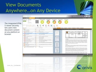 The integrated HTML
5 viewer securely
lets users view
document content
on any platform or
browser
View Documents
Anywhere…on Any Device
Arivis, Inc., Confidential
 