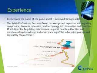 Experience
 Execution is the name of the game and it is achieved through action.
 The Arivis Professional Services Group has recognized expertise in integrating
compliance, business processes, and technology into innovative and practical
IT solutions for Regulatory submissions to global health authorities and
maintains deep knowledge and understanding of the submission process and
regulatory requirements.
Arivis, Inc., Confidential
 