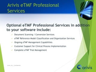Arivis eTMF Professional
Services
Optional eTMF Professional Services in addition
to your software include:
 Document Scanning / Conversion Services
 eTMF Reference Model Classification and Organization Services
 Ongoing eTMF Management Capabilities
 Customer Support for Clinical Process Implementation
 Complete eTMF Trial Management
Arivis, Inc., Confidential
 