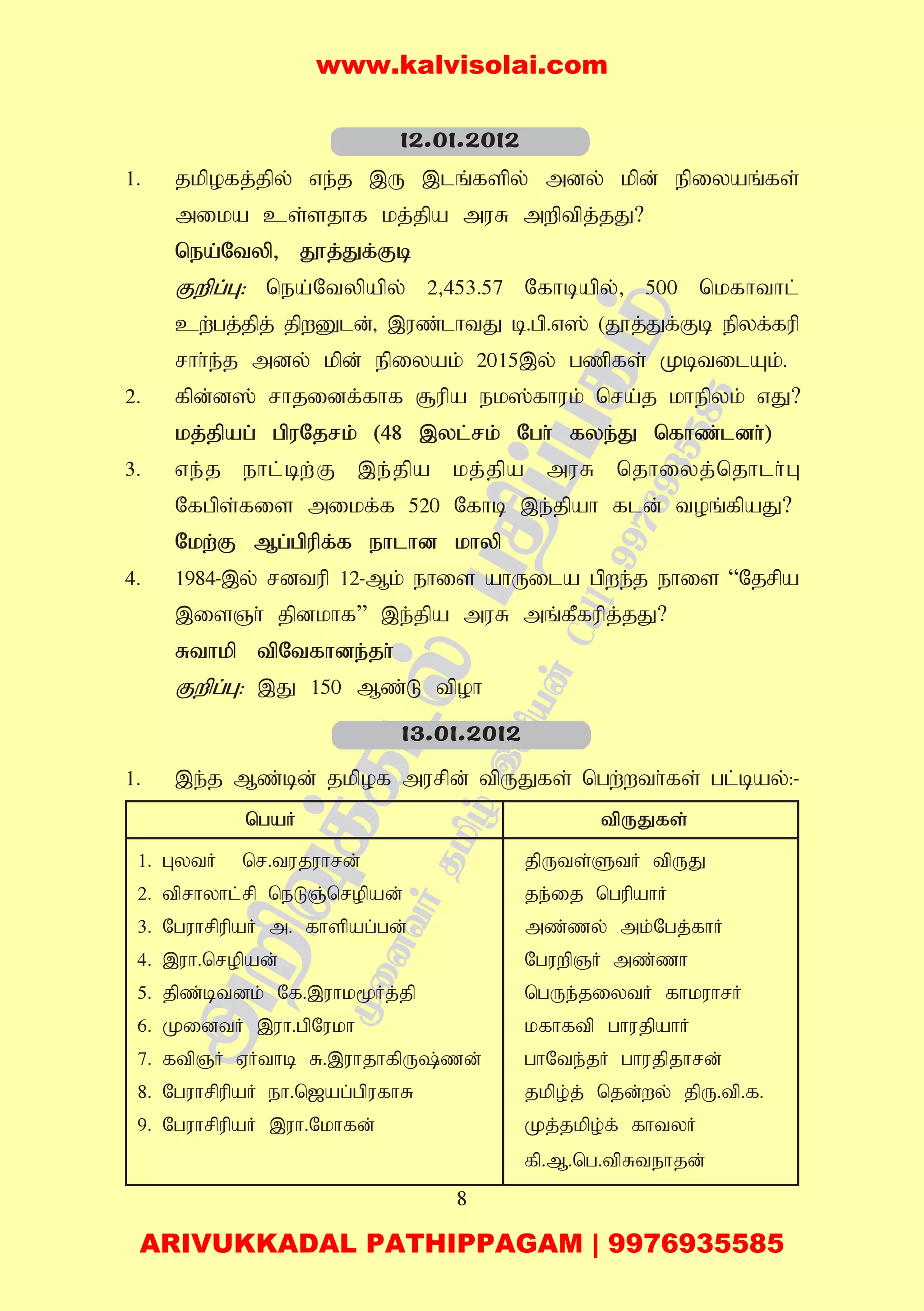 8
1. jkpofj;jpy; ve;j ,U ,lq;fspy; mdy; kpd; epiyaq;fs;
mika cs;sjhf kj;jpa muR mwptpj;jJ?
nea;Ntyp> J}j;Jf;Fb
Fwpg;G: nea;Ntypapy; 2>453.57 Nfhbapy;> 500 nkfhthl;
cw;gj;jpj; jpwDld;> ,uz;lhtJ b.gp.v]; (J}j;Jf;Fb epyf;fup
rhh;e;j mdy; kpd; epiyak; 2015,y; gzpfs; KbtilAk;.
2. fpd;d]; rhjidf;fhf #upa ek];fhuk; nra;j khepyk; vJ?
kj;jpag; gpuNjrk; (48 ,yl;rk; Ngh; fye;J nfhz;ldh;)
3. ve;j ehl;bw;F ,e;jpa kj;jpa muR njhiyj;njhlh;G
Nfgps;fis mikf;f 520 Nfhb ,e;jpah fld; toq;fpaJ?
Nkw;F Mg;gpupf;f ehlhd khyp
4. 1984-,y; rdtup 12-Mk; ehis ahUila gpwe;j ehis “Njrpa
,isQh; jpdkhf” ,e;jpa muR mq;fPfupj;jJ?
Rthkp tpNtfhde;jh;
Fwpg;G: ,J 150 Mz;L tpoh
1. ,e;j Mz;bd; jkpof murpd; tpUJfs; ngw;wth;fs; gl;bay;:-
ngaH tpUJfs;
1. GytH nr.tujuhrd; jpUts;StH tpUJ
2. tprhyhl;rp neLQ;nropad; je;ij ngupahH
3. NguhrpupaH m. fhspag;gd; mz;zy; mk;Ngj;fhH
4. ,uh.nropad; NguwpQH mz;zh
5. jpz;btdk; Nf.,uhk%Hj;jp ngUe;jiytH fhkuhrH
6. KidtH ,uh.gpNukh kfhftp ghujpahH
7. ftpQH VHthb R.,uhjhfpU;zd; ghNte;jH ghujpjhrd;
8. NguhrpupaH eh.n[ag;gpufhR jkpo;j; njd;wy; jpU.tp.f.
9. NguhrpupaH ,uh.Nkhfd; Kj;jkpo;f; fhtyH
fp.M.ng.tpRtehjd;
12.01.2012
13.01.2012
www.kalvisolai.com
ARIVUKKADAL PATHIPPAGAM | 9976935585
 