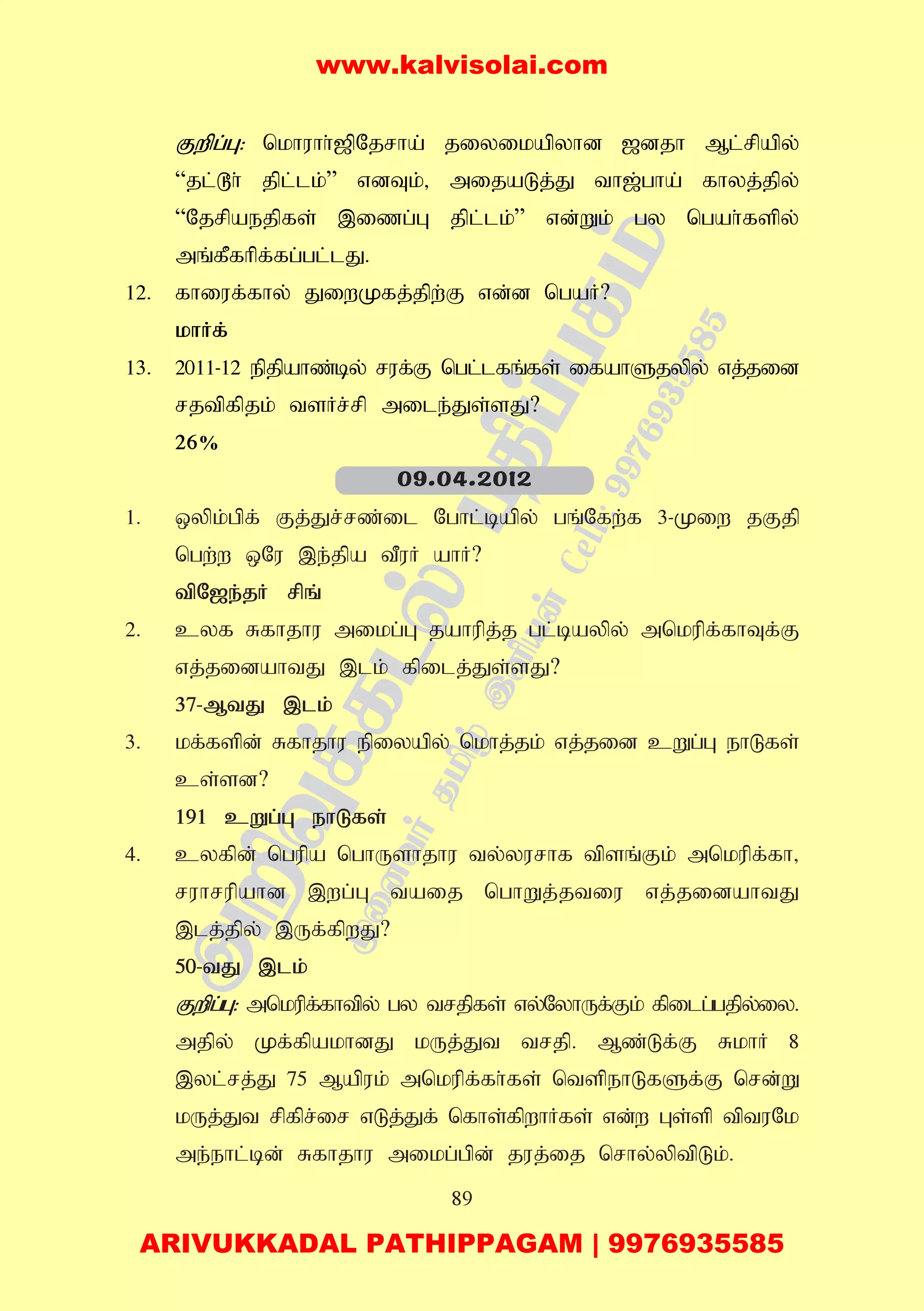 89
Fwpg;G: nkhuhh;[pNjrha; jiyikapyhd [djh Ml;rpapy;
“jl;^h; jpl;lk;” vdTk;> mijaLj;J th[;gha; fhyj;jpy;
“Njrpaejpfs; ,izg;G jpl;lk;” vd;Wk; gy ngah;fspy;
mq;fPfhpf;fg;gl;lJ.
12. fhiuf;fhy; JiwKfj;jpw;F vd;d ngaH?
khHf;
13. 2011-12 epjpahz;by; ruf;F ngl;lfq;fs; ifahSjypy; vj;jid
rjtpfpjk; tsHr;rp mile;Js;sJ?
26%
1. xypk;gpf; Fj;Jr;rz;il Nghl;bapy; gq;Nfw;f 3-Kiw jFjp
ngw;w xNu ,e;jpa tPuH ahH?
tpN[e;jH rpq;
2. cyf Rfhjhu mikg;G jahupj;j gl;baypy; mnkupf;fhTf;F
vj;jidahtJ ,lk; fpilj;Js;sJ?
37-MtJ ,lk;
3. kf;fspd; Rfhjhu epiyapy; nkhj;jk; vj;jid cWg;G ehLfs;
cs;sd?
191 cWg;G ehLfs;
4. cyfpd; ngupa nghUshjhu ty;yurhf tpsq;Fk; mnkupf;fh>
ruhrupahd ,wg;G taij nghWj;jtiu vj;jidahtJ
,lj;jpy; ,Uf;fpwJ?
50-tJ ,lk;
Fwpg;G: mnkupf;fhtpy; gy trjpfs; vy;NyhUf;Fk; fpilg;gjpy;iy.
mjpy; Kf;fpakhdJ kUj;Jt trjp. Mz;Lf;F RkhH 8
,yl;rj;J 75 Mapuk; mnkupf;fh;fs; ntspehLfSf;F nrd;W
kUj;Jt rpfpr;ir vLj;Jf; nfhs;fpwhHfs; vd;w Gs;sp tptuNk
me;ehl;bd; Rfhjhu mikg;gpd; juj;ij nrhy;yptpLk;.
09.04.2012
www.kalvisolai.com
ARIVUKKADAL PATHIPPAGAM | 9976935585
 