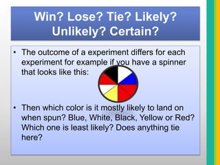 Win? Lose? Tie? Likely? Unlikely? Certain? The outcome of a experiment differs for each experiment for example if you have a spinner that looks like this:Then which color is it mostly likely to land on when spun? Blue, White, Black, Yellow or Red? Which one is least likely? Does anything tie here?