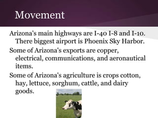 Movement
Arizona's main highways are I-40 I-8 and I-10.
  There biggest airport is Phoenix Sky Harbor.
Some of Arizona's exports are copper,
  electrical, communications, and aeronautical
  items.
Some of Arizona's agriculture is crops cotton,
  hay, lettuce, sorghum, cattle, and dairy
  goods.
 
