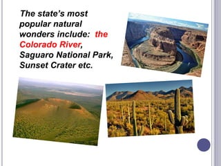 The state’s most
popular natural
wonders include: the
Colorado River,
Saguaro National Park,
Sunset Crater etc.
 