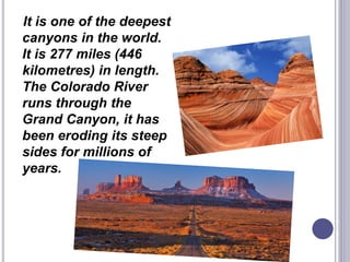 It is one of the deepest
canyons in the world.
It is 277 miles (446
kilometres) in length.
The Colorado River
runs through the
Grand Canyon, it has
been eroding its steep
sides for millions of
years.
 