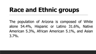 Race and Ethnic groups
The population of Arizona is composed of White
alone 54.4%, Hispanic or Latino 31.6%, Native
American 5.3%, African American 5.1%, and Asian
3.7%.
 