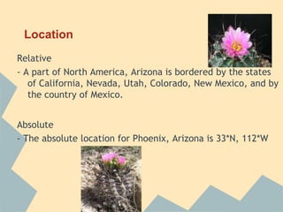 Location
Relative
- A part of North America, Arizona is bordered by the states
   of California, Nevada, Utah, Colorado, New Mexico, and by
   the country of Mexico.


Absolute
- The absolute location for Phoenix, Arizona is 33*N, 112*W
 