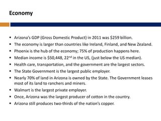 Economy
 Arizona’s GDP (Gross Domestic Product) in 2011 was $259 billion.
 The economy is larger than countries like Ireland, Finland, and New Zealand.
 Phoenix is the hub of the economy; 75% of production happens here.
 Median income is $50,448, 22nd in the US, (just below the US median).
 Health care, transportation, and the government are the largest sectors.
 The State Government is the largest public employer.
 Nearly 70% of land in Arizona is owned by the State. The Government leases
most of its land to ranchers and miners.
 Walmart is the largest private employer.
 Once, Arizona was the largest producer of cotton in the country.
 Arizona still produces two-thirds of the nation’s copper.
 