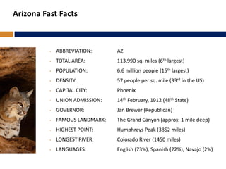 • ABBREVIATION: AZ
• TOTAL AREA: 113,990 sq. miles (6th largest)
• POPULATION: 6.6 million people (15th largest)
• DENSITY: 57 people per sq. mile (33rd in the US)
• CAPITAL CITY: Phoenix
• UNION ADMISSION: 14th February, 1912 (48th State)
• GOVERNOR: Jan Brewer (Republican)
• FAMOUS LANDMARK: The Grand Canyon (approx. 1 mile deep)
• HIGHEST POINT: Humphreys Peak (3852 miles)
• LONGEST RIVER: Colorado River (1450 miles)
• LANGUAGES: English (73%), Spanish (22%), Navajo (2%)
Arizona Fast Facts
 