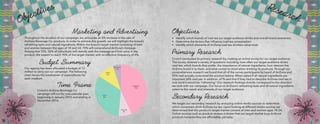 Marketing and Advertising
Budget Summary
Time Frame
Throughout the duration of our campaign, we anticipate an 8% increase in the sale of
AriZona Beverage Co. products. In order to achieve this growth, we will highlight the brand’s
refreshing taste and natural ingredients. Within the brand’s target market consisting of men
and women between the ages of 18 and 34, 70% will comprehend AriZona’s message.
Among that 70%, 50% of individuals will identify with the message and find value in the
product. We expect to reach 70% of the target market, with an effective frequency of 4%.
Crunch’s AriZona Beverage Co.
campaign will run for one calendar year,
beginning in January 2015 and ending in
December 2016.
Our agency has been allocated a budget of 12
million to carry out our campaign. The following
chart shows the breakdown of expenditures for
each medium.
•	 Identify which brands of iced tea our target audience drinks and overall brand awareness
•	 Determine the factors that influence iced tea consumption
•	 Identify which elements of AriZona iced tea drinkers value most
Objectives
Crunch conducted its primary research by creating an online survey for our target audience.
The survey covered a variety of questions including: how often our target audience drinks
iced tea, which brands they prefer, the importance of natural ingredients, how relevant the
AriZona brand is to them, and what comes to mind when drinking its products. Through our
comprehensive research we found that all of the survey participants ha heard of AriZona and
93% had actually consumed the product before. When asked if all natural ingredients are
important 58% said yes. In addition, 67% said that if they had to describe AriZona iced tea in
one word it would be “refreshing.” Our research findings directly correspond to the direction
we took with our campaign. Our focus on AriZona’s refreshing taste and all natural ingredients
caters to the needs and interests of our target audience.
Primary Research
We began our secondary research by analyzing online media sources to determine
which consumers drink AriZona ice tea. Upon looking at different media sources we
determined that this product’s target market consists of men and women ages 18-34.
Online sources such as product reviews indicate that our target market buys AriZona
products because they are affordable, yet tasty.
Secondary Research
Objectives Research
10 11
 