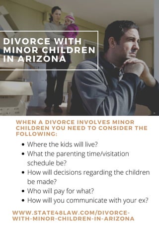 DIVORCE WITH
MINOR CHILDREN
IN ARIZONA
WHEN A DIVORCE INVOLVES MINOR
CHILDREN YOU NEED TO CONSIDER THE
FOLLOWING:
Where the kids will live?
What the parenting time/visitation
schedule be?
How will decisions regarding the children
be made?
Who will pay for what?
How will you communicate with your ex?
WWW.STATE48LAW.COM/DIVORCE-
WITH-MINOR-CHILDREN-IN-ARIZONA
 