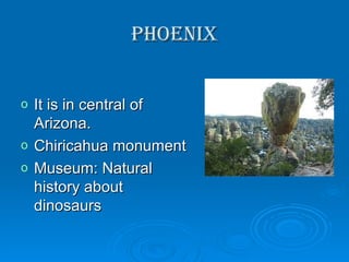 phoenix It is in central of Arizona. Chiricahua monument Museum: Natural history about dinosaurs 