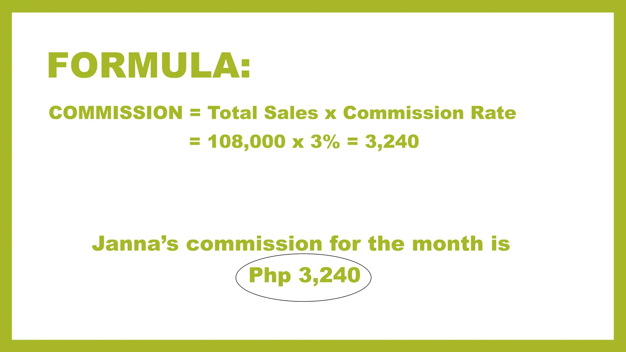 FORMULA:
COMMISSION = Total Sales x Commission Rate
= 108,000 x 3% = 3,240
Janna’s commission for the month is
Php 3,240
 