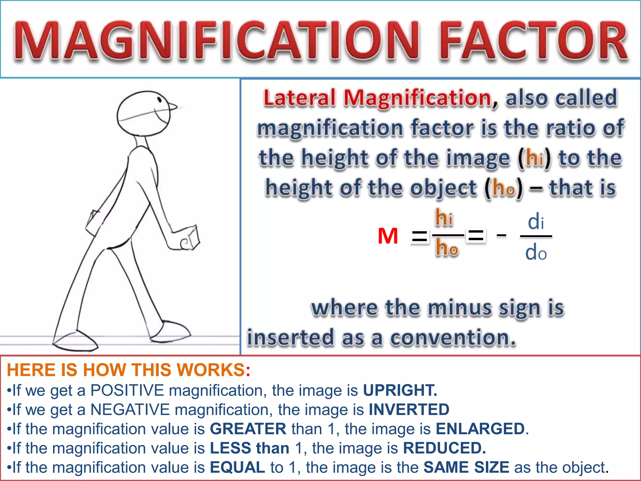 M
di
dO
HERE IS HOW THIS WORKS:
•If we get a POSITIVE magnification, the image is UPRIGHT.
•If we get a NEGATIVE magnification, the image is INVERTED
•If the magnification value is GREATER than 1, the image is ENLARGED.
•If the magnification value is LESS than 1, the image is REDUCED.
•If the magnification value is EQUAL to 1, the image is the SAME SIZE as the object.