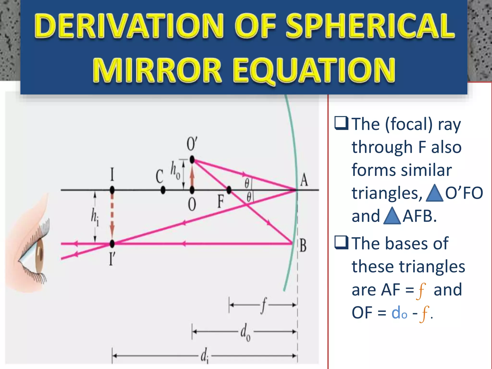 The (focal) ray
through F also
forms similar
triangles, O’FO
and AFB.
The bases of
these triangles
are AF = f and
OF = do - f .