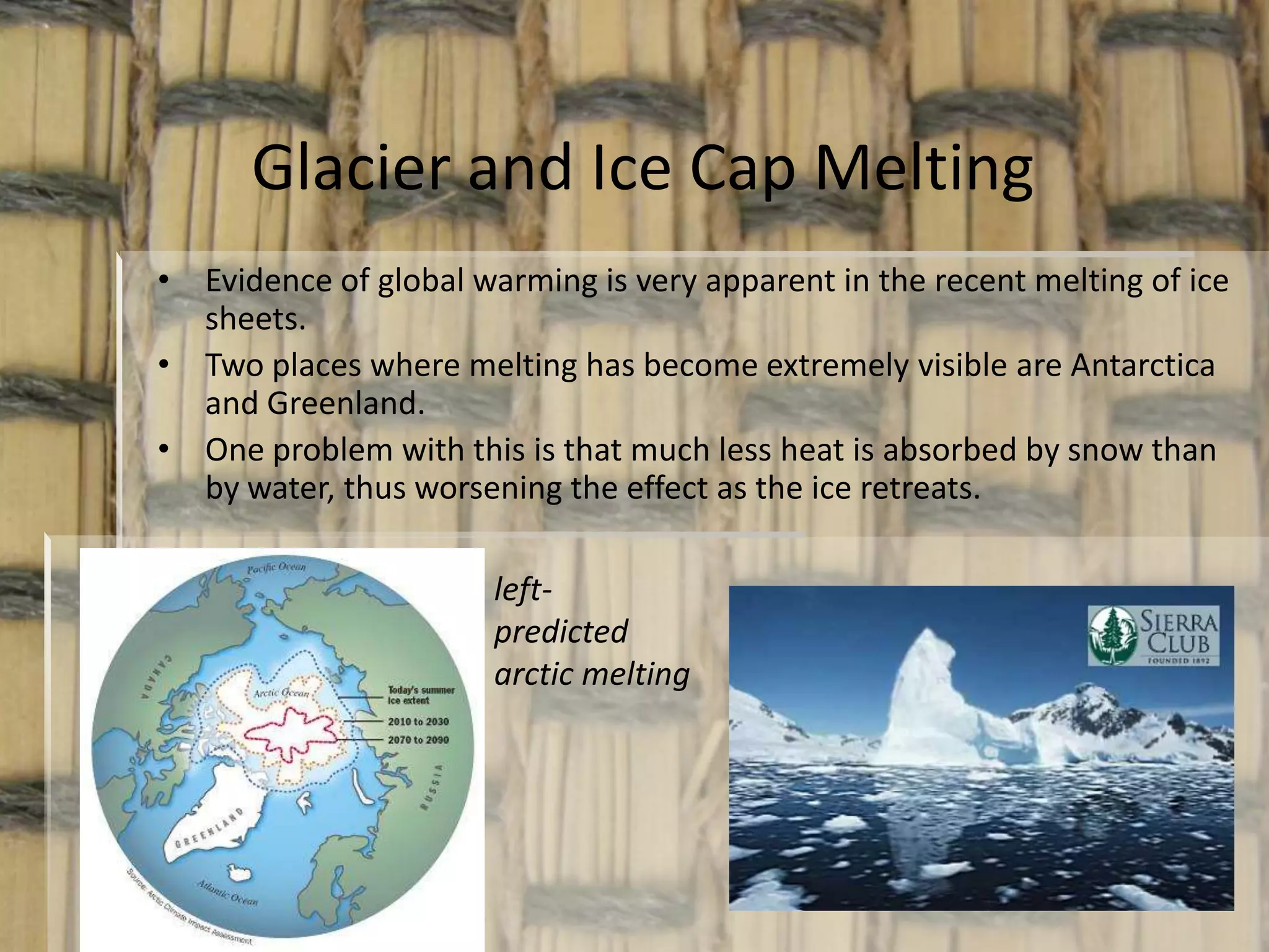Human activities have the biggest influence on the increase of greenhouse gasses. In the past 50 years this has been the clearest.5Interesting evidence of global warmingIn far northern Canada the Native Inuit have noticed the sun rise significantly earlier in the year (2 months)This has been caused by the warming of the layer of air above the snow. This distorts the sun’s light, literally causing it to rise earlier.This phenomena is an example of how little we know about the possible implications of global warming