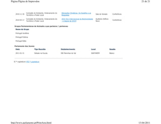 Página Página de Impressãoe                                                                                                                        21 de 21



                  Comissão do Ambiente, Ordenamento do   Alterações Climáticas. Os Desafios e as
    2010-11-30                                                                                             Sala do Senado          Conferência
                  Território e Poder Local               Respostas

                  Comissão do Ambiente, Ordenamento do   2010 Ano Internacional da Biodiversidade          Auditório Edíficio
    2010-05-17                                                                                                                     Conferência
                  Território e Poder Local               - e depois de 2010?                               Novo


   Grupos Parlamentares de Amizade a que pertence / pertenceu
    Nome do Grupo

    Portugal-Jordânia

    Portugal-Polónia

    Portugal-Itália


   Parlamento dos Jovens
    Data                      Tipo Reunião               Estabelecimento                           Local                        Sessão

    2011-01-31                Debate na Escola           EBI Marinhas do Sal                       SANTARÉM                     Básico




  XI ª Legislatura VIII ª Legislatura




http://www.parlamento.pt/PrintArea.html                                                                                                          13-04-2011
 