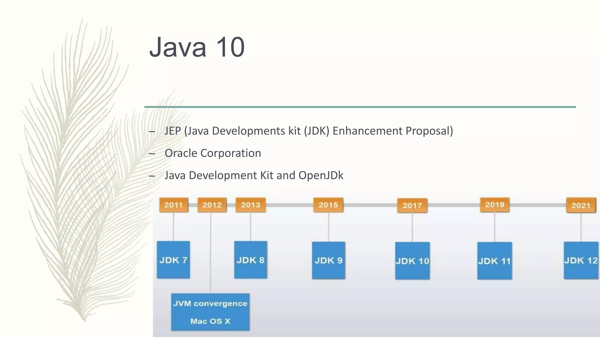 Java 10
– JEP (Java Developments kit (JDK) Enhancement Proposal)
– Oracle Corporation
– Java Development Kit and OpenJDk
 