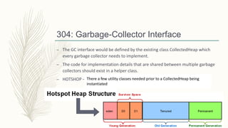 304: Garbage-Collector Interface
– The GC interface would be defined by the existing class CollectedHeap which
every garbage collector needs to implement.
– The code for implementation details that are shared between multiple garbage
collectors should exist in a helper class.
– HOTSHOP – Mobile Hotshop.There a few utility classes needed prior to a CollectedHeap being
instantiated
 