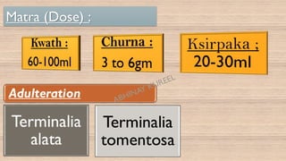 Adulteration
Terminalia
alata
Terminalia
tomentosa
Matra (Dose) :
 