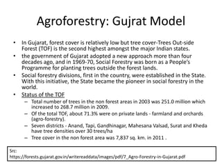 Agroforestry: Gujrat Model
• In Gujarat, forest cover is relatively low but tree cover-Trees Out-side
Forest (TOF) is the second highest amongst the major Indian states.
• the government of Gujarat adopted a new approach more than four
decades ago, and in 1969-70, Social Forestry was born as a People’s
Programme for planting trees outside the forest lands.
• Social forestry divisions, first in the country, were established in the State.
With this initiative, the State became the pioneer in social forestry in the
world.
• Status of the TOF
– Total number of trees in the non forest areas in 2003 was 251.0 million which
increased to 268.7 million in 2009.
– Of the total TOF, about 71.3% were on private lands - farmland and orchards
(agro-forestry).
– Seven districts - Anand, Tapi, Gandhinagar, Mahesana Valsad, Surat and Kheda
have tree densities over 30 trees/ha
– Tree cover in the non forest area was 7,837 sq. km. in 2011 .
Src:
https://forests.gujarat.gov.in/writereaddata/images/pdf/7_Agro-Forestry-in-Gujarat.pdf
 
