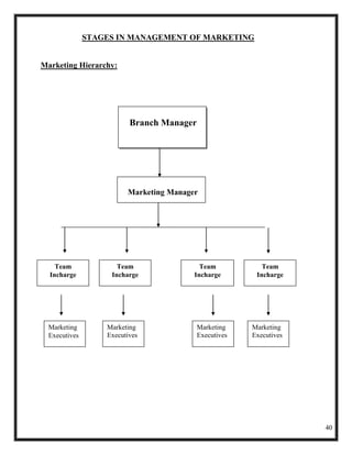 STAGES IN MANAGEMENT OF MARKETING


Marketing Hierarchy:




                          Branch Manager




                         Marketing Manager




    Team              Team                 Team            Team
  Incharge          Incharge             Incharge        Incharge




  Marketing        Marketing               Marketing    Marketing
  Executives       Executives              Executives   Executives




                                                                     40
 