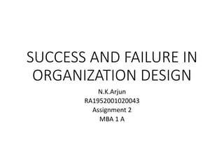 SUCCESS AND FAILURE IN
ORGANIZATION DESIGN
N.K.Arjun
RA1952001020043
Assignment 2
MBA 1 A
 