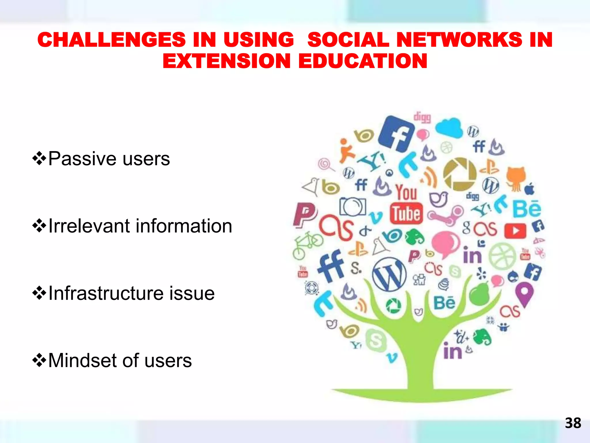 CHALLENGES IN USING SOCIAL NETWORKS IN
EXTENSION EDUCATION
Passive users
Irrelevant information
Infrastructure issue
Mindset of users
38
 