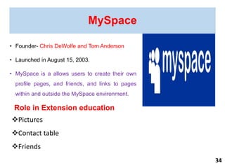 MySpace
• Founder- Chris DeWolfe and Tom Anderson
• Launched in August 15, 2003.
• MySpace is a allows users to create their own
profile pages, and friends, and links to pages
within and outside the MySpace environment.
Role in Extension education
Pictures
Contact table
Friends
34
 