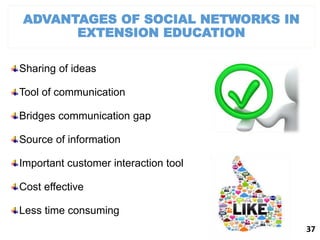 ADVANTAGES OF SOCIAL NETWORKS IN
EXTENSION EDUCATION
Sharing of ideas
Tool of communication
Bridges communication gap
Source of information
Important customer interaction tool
Cost effective
Less time consuming
37
 