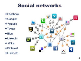 Facebook
Google+
Youtube
Twitter
Blog
LinkedIn
 Wikis
Pinterest
Flickr etc.
8
 