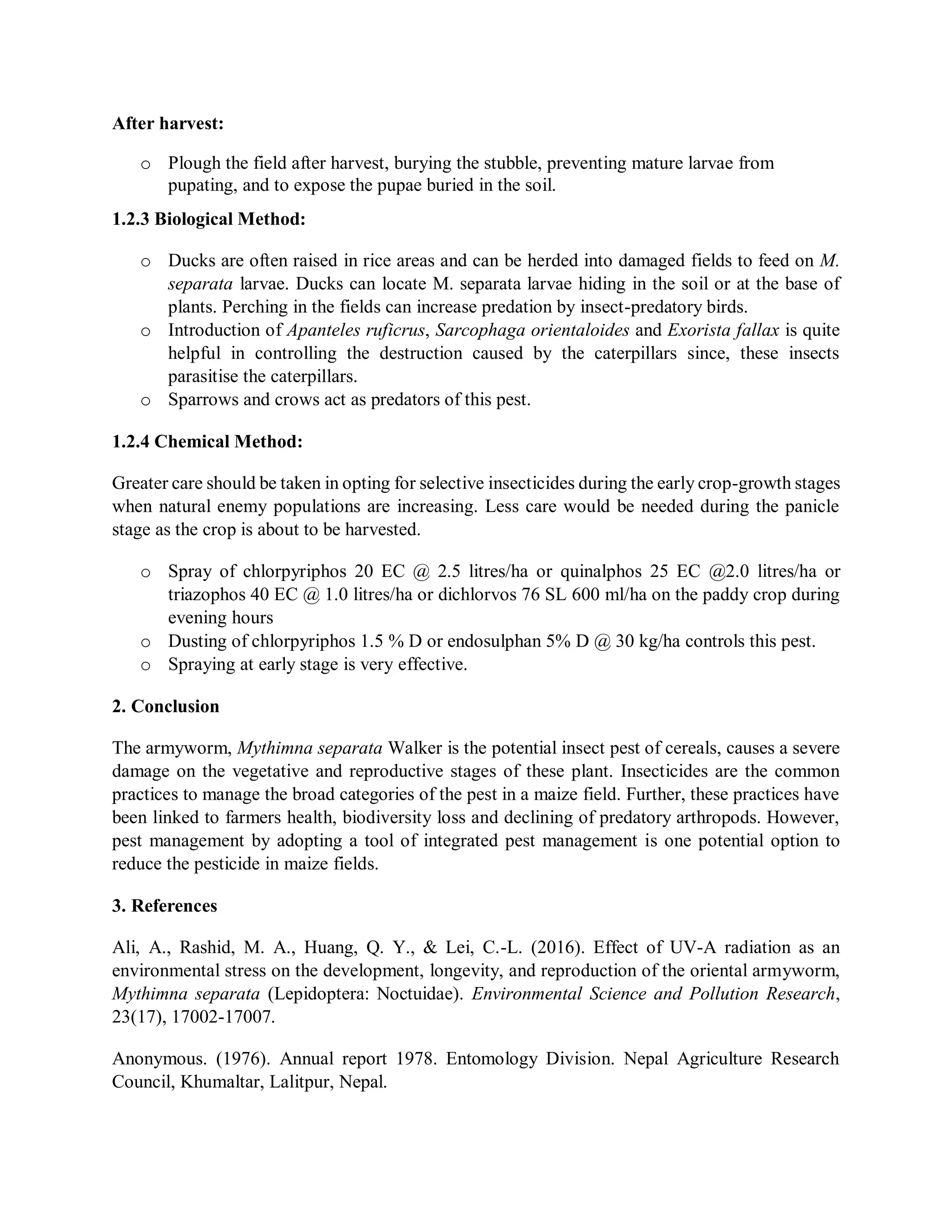 Biology and management of oriental armyworm mythimna separata | PDF