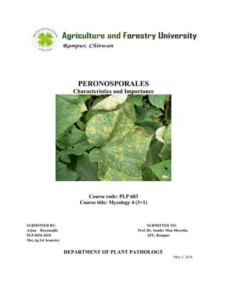 PERONOSPORALES
Characteristics and Importance
Course code: PLP 603
Course title: Mycology 4 (3+1)
SUBMITTED BY: SUBMITTED TO:
Arjun Rayamajhi Prof. Dr. Sunder Man Shrestha
PLP-06M-2018 AFU, Rampur
Msc.Ag 1st Semester
DEPARTMENT OF PLANT PATHOLOGY
May 3, 2018
 