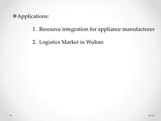 26
Applications:
1. Resource integration for appliance manufacturer
2. Logistics Market in Wuhan
 