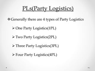 PLs(Party Logistics)
Generally there are 4 types of Party Logistics
 One Party Logistics(1PL)
 Two Party Logistics(2PL)
 Three Party Logistics(3PL)
 Four Party Logistics(4PL)
6
 