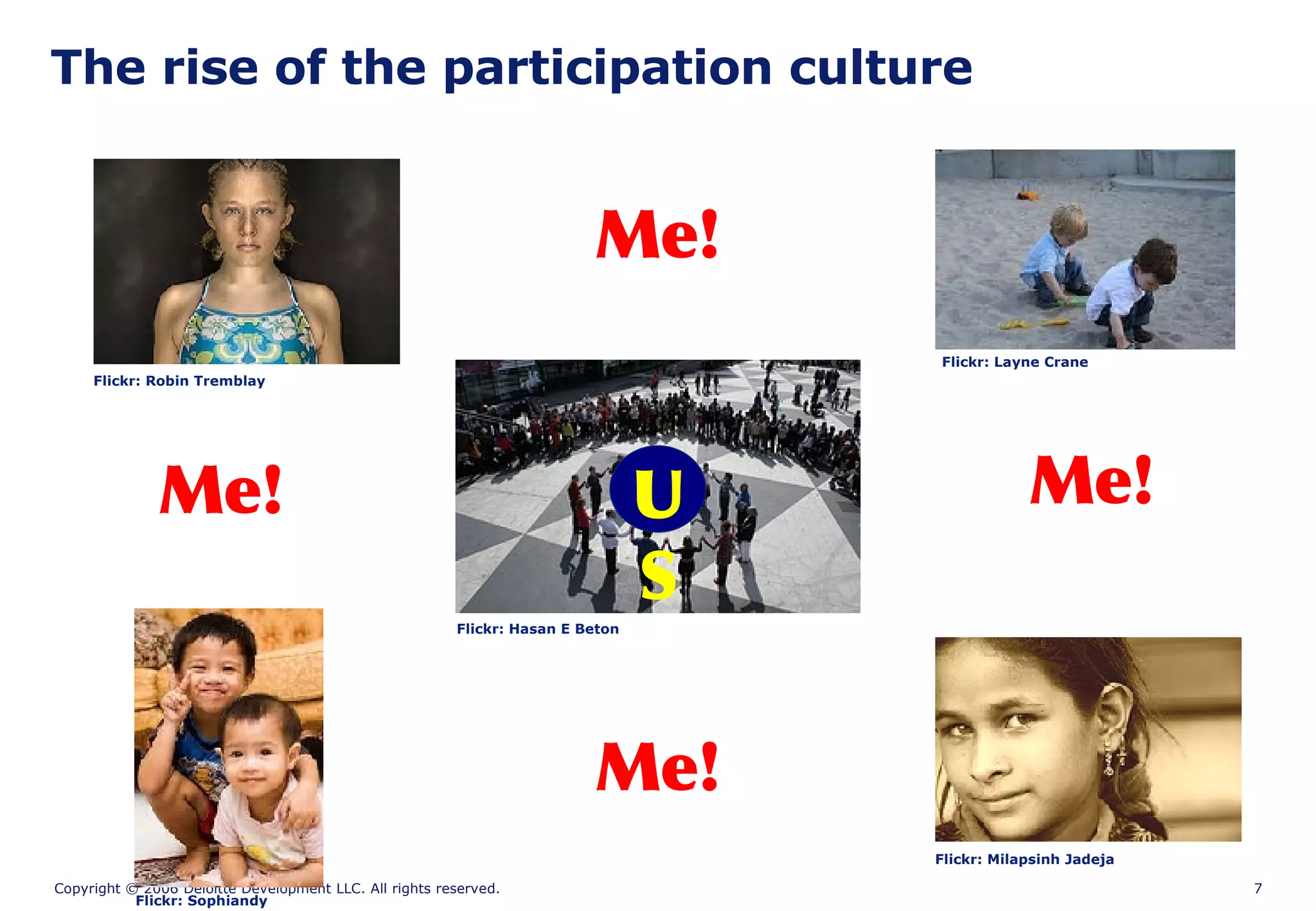 The rise of the participation culture Me! Me! Me! Me! Flickr: Robin Tremblay Flickr: Milapsinh Jadeja Flickr: Layne Crane Flickr: Sophiandy Flickr: Hasan E Beton US 