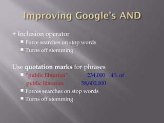 + Inclusion operator 
 Force searches on stop words 
 Turns off stemming 
Use quotation marks for phrases 
 “public librarian” 234,000 .4% of 
public librarian 58,600,000 
 Forces searches on stop words 
 Turns off stemming 
 