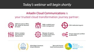 Arkadin Cloud Communications is
your trusted cloud transformation journey partner:
Today’s webinar will begin shortly
100% focused on Office
365, Skype for Business
& Teams
500k+ enabled users
under management 250+ dedicated experts
Deliver complex
and customized
deployments
Manage all aspects
of Skype cloud voice
transformation
Proven approach certified
by Microsoft
Microsoft Partner
Gold Communications
2016 Magic Quadrant
UCaaS Solutions
 