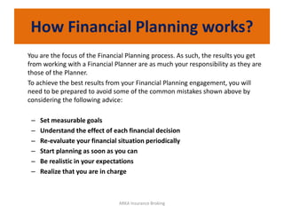 How Financial Planning works?
You are the focus of the Financial Planning process. As such, the results you get
from working with a Financial Planner are as much your responsibility as they are
those of the Planner.
To achieve the best results from your Financial Planning engagement, you will
need to be prepared to avoid some of the common mistakes shown above by
considering the following advice:
– Set measurable goals
– Understand the effect of each financial decision
– Re-evaluate your financial situation periodically
– Start planning as soon as you can
– Be realistic in your expectations
– Realize that you are in charge
ARKA Insurance Broking
 