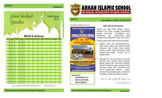 Edisi 01
1 Ramadhan 1438 H/ 28 Mei 2017
Jangandibacasaat khutbahsedangberlangsung
Edisi 01
Halaman 4
Assalamu'alaikumwr.wb
Adab-adab ketika berpuasa
Segala puji bagi Allah Rabbul 'alamin,
shalawat dan salam semoga dilimpahkan
kepada Rasulullah, keluarganya, para
sahabatnya dan orang-orang yang
mengikutinyahinggahari kiamat, amma ba'd.
Diantara adab-adab ketika berpuasa adalah :
1. Makan sahur dan mengakhirkannya,
habis waktu makan sahur adalah dengan
terbitnya fajar shadiq, tidak dengan
tibanya waktu yang diistilahkan oleh
orang-orang dengan “Imsak”, hal ini
adalah bid’ah.
2. Menjaga diri dari perbuatan sia-sia dan
berkata kotor, berkata dusta, berbuat
ghibah (gosip) dan namimah (mengadu
domba), demikian juga menjaga diri dari
bersikap bodoh dan berteriak-teriak,
serta menghindari maksiat seperti
memberikanpersaksianpalsu. Rasulullah
shallallahu ‘alaihi wa sallam bersabda,
ْ‫ن‬َ‫م‬َْ‫ل‬ْ‫ع‬َ‫د‬َ‫ي‬َْْ‫ل‬‫و‬َ‫ق‬ْ‫ر‬‫و‬ُّ‫الز‬َْ‫ل‬َ‫م‬َ‫ع‬‫ال‬َ‫و‬،‫ه‬‫ب‬‫س‬‫ي‬َ‫ل‬َ‫ف‬ْ‫لل‬ْْ‫ة‬َ‫اج‬َ‫ح‬
ْ‫ف‬ْ‫ن‬َ‫أ‬َْ‫ع‬َ‫د‬َ‫ي‬ْ‫ه‬َ‫ام‬َ‫ع‬َ‫ط‬ْ‫ه‬َ‫اب‬َ‫ر‬َ‫ش‬َ‫و‬
Jangandibacasaat khutbahsedangberlangsung Halaman1
Informasi :
- 081808056352,
- 082112309280,
- 08561080941
 