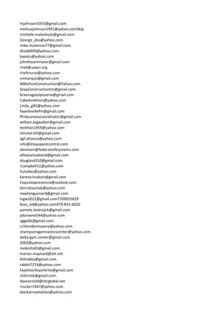 mjohnson3355@gmail.com
melissajohnson1991@yahoo.comSkip
michelle.malashock@gmail.com.
George_dos@yahoo.com.
mike.mckenzie77@gmail.com.
dtodd409@yahoo.com.
kaeatu@yahoo.com
johntheanimator@gmail.com
rhall@uawri.org
chefmurat@yahoo.com
vnmarquis@gmail.com
MMeltonConstruction@Yahoo.com.
SeayConstructionInc@gmail.com.
braviragazzipizzeria@gmail.com
CakeAmbition@yahoo.com
Linda_g92@yahoo.com
fayettevillefm@gmail.com
ffmbusinesscoordinator@gmail.com
william.bigwalker@gmail.com
levithan1959@yahoo.com
christal.hill@gmail.com
agf.alliance@yahoo.com
info@drjayspestcontrol.com
abraham@federalsoftsystems.com
alliejeanoakland@gmail.com
douglasd310@gmail.com
rcampbell11@yahoo.com
hutubev@yahoo.com
karena.hudson@gmail.com
Exquisitapresencia@outlook.com.
benratsachak@yahoo.com
newtonguenard@gmail.com.
tsgw2012@gmail.com7709055829
bvas_ed@yahoo.com479-855-6020
pamela.bolerjack@gmail.com
jebrowne544@yahoo.com
aggiebt@gmail.com.
crittendenmaxine@yahoo.com.
championsgymnasticscenter@yahoo.com.
delta.gym.center@gmail.com.
2003@yahoo.com
mebotts65@gmail.com.
marian.maynard@att.net
khlindley@gmail.com.
rabbit7274@yahoo.com
fayettevilleyorkrite@gmail.com
chiknstik@gmail.com.
davearnold@sbcglobal.net
rtucker1947@yahoo.com.
blackarrowtattoo@yahoo.com
 