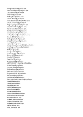 Designedbysioux@yahoo.com.
carascolormevintage@gmail.com.
216Resources@gmail.com
shitonda@yahoo.com
badboy7542@yahoo.com
center.state.1@gmail.com
michaelashleyschultze@yahoo.com
antoni.fiorentino@gmail.com
Rogerscyclingfestival@gmail.com
downstreamliving@gmail.com
keystoneauctions@gmail.com.
terribcartermayor@gmail.com
sixtyonmainsalon@yahoo.com
melissa.benton@cadencebank.com
thacker2016@yahoo.com.
taylorgmichael1@gmail.com
smoothmanmusic@gmail.com
nwamlk@yahoo.com
aholeinthewallhomeandgifts@gmail.com.
annabelgreenflowers@yahoo.com.
gsi143@gmail.com
shaytaw@yahoo.com.
smw1manager@gmail.com.
jhorning315@yahoo.com
Arnett@Yahoo.com
Ragin43@Gmail.com.
gracieconda@gmail.com.
ABATEMENTSPECIALIST@GMAIL.COM.
cmcginnisue@gmail.com
reporter4bca@yahoo.com
jackofallpools@gmail.com.
dehaven.rick@yahoo.com
Emmettsmith191@gmail.com
2476michael@gmail.com
maniacmarks@yahoo.com.
benevolentbusinessservice@gmail.com
moe41@yahoo.com
360bizz@gmail.com
david@gmail.com
melah34@yahoo.com
ebenton3@utk.edu1
warweld@yahoo.com
mainstmanning@gmail.com
jeanhallmark@yahoo.com
eponabus@gmail.com
ar.wade.llc@comcast.net
903artisans@gmail.com
chadeautrey@yahoo.com.
sainir1@gmail.com.
linda_hill1@cox.net.
 