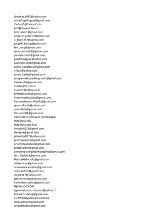 shawkat.1975@yahoo.com
tainVillageSingers@gmail.com
Vkdua65@Yahoo.Co.In
Ahd@Gujarat.Gov.In.
timmabee1@gmail.com
rutgersn.petersm@gmail.com
n_tran4247@yahoo.com
gary0418wang@gmail.com
fert_resq@yahoo.com
jamie_atkins63@yahoo.com
paoextension@gmail.com.
paodminagpur@yahoo.com
Satheesh.sietk@gmail.com
ashok_kondduru@yahoo.com
irfocal@yahoo.com.
arnab_katha@yahoo.co.in
sutapamukhopadhyay.anth@gmail.com
harvisabha@gmail.com
itcellvs@hry.nic.in
ussichry@yahoo.co.in
krisbatchelder@yahoo.com
helenhowebraider@gmail.com.
hannahshandcraftedllc@gmail.com
sperarefoods@yahoo.com
emireland@yahoo.com
trecurran88@gmail.com.
jfarmer@cityofbryant.comSkipSkip
tlutz@atu.edu.
tlutz@atu.edu.Skip
dynodon221@gmail.com.
clarityak@gmail.com
philwhite857@yahoo.com
pricklypearinn@gmail.com.
ervinmRealEstate@gmail.com.
grottocoffee@gmail.com.
denvereastneighborhoodsfirst@gmail.com
rbrt_haddock@yahoo.com
NaturalHabitatAz@gmail.com
nldservices@yahoo.com
ravensviewwinebar@gmail.com.
mimcaoffice@gmail.com
ibew1347@yahoo.com
jackmanmotel@yahoo.com
Parlinfarm.cabins@gmail.com
N@YAHOO.COM.
ajgeneralconstructionco@yahoo.co
almaraztrucking@gmail.com.
ascott@cityofbryant.comSkip
rsnossaman@yahoo.com
arrowheadhrc@gmail.com
 