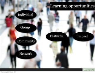 Learning opportunities
                              Individual


                               Group

                                           Features     Impact
                              Community


                               Network




Wednesday, 10 February 2010
 