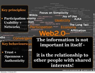 Key principles:

 • Participation +
      Usability +
      Networks



                               The information is not
  Key behaviours:               important in itself -
  • Trust +
      Openness +               it is the relationship to
      Authenticity            other people with shared
                                       interests!
Wednesday, 10 February 2010
 