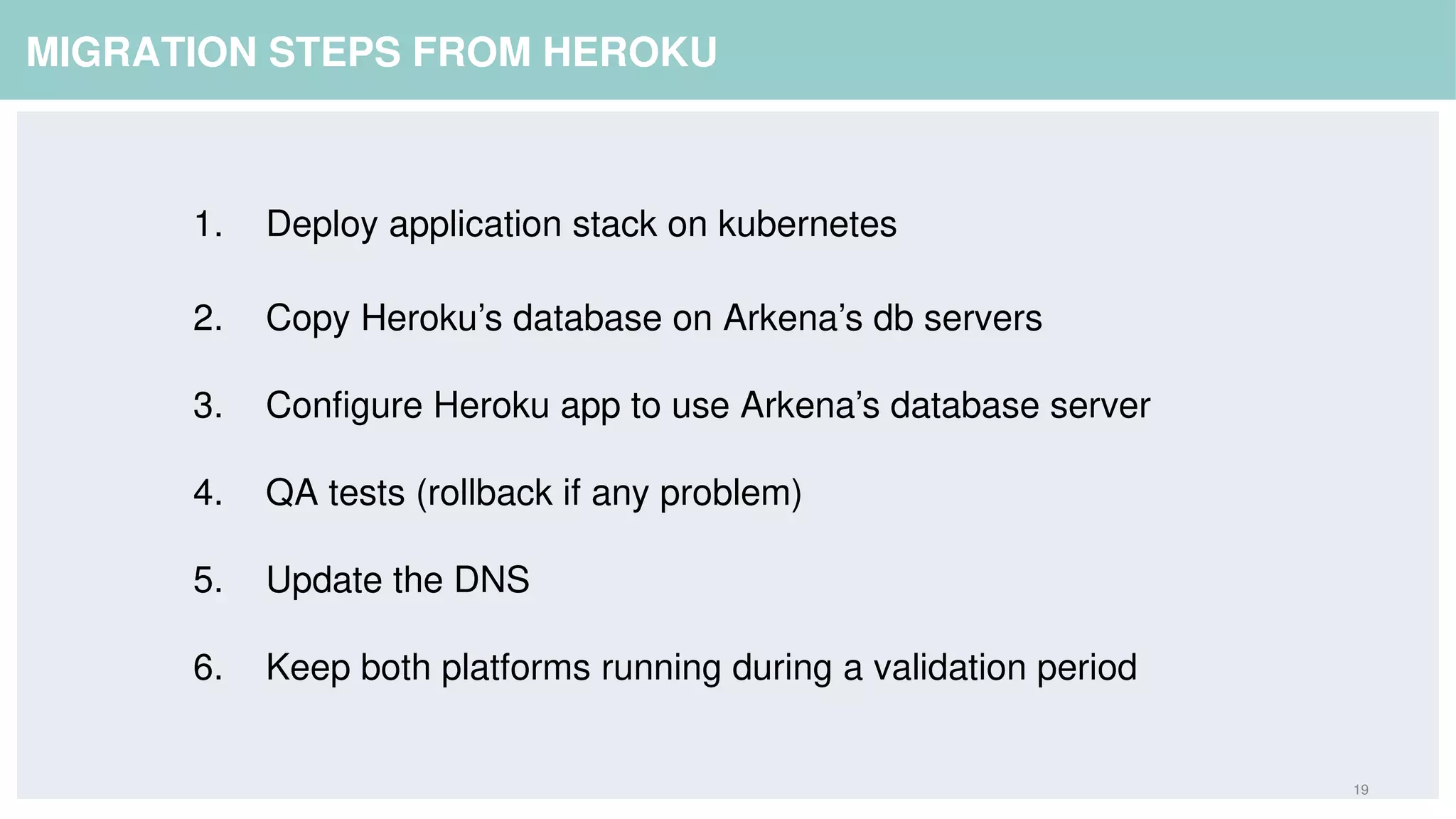 19
MIGRATION STEPS FROM HEROKU
1. Deploy application stack on kubernetes
2. Copy Heroku's database on Arkena's db servers
3. Configure Heroku app to use Arkena's database server
4. QA tests (rollback if any problem)
5. Update the DNS
6. Keep both platforms running during a validation period
 