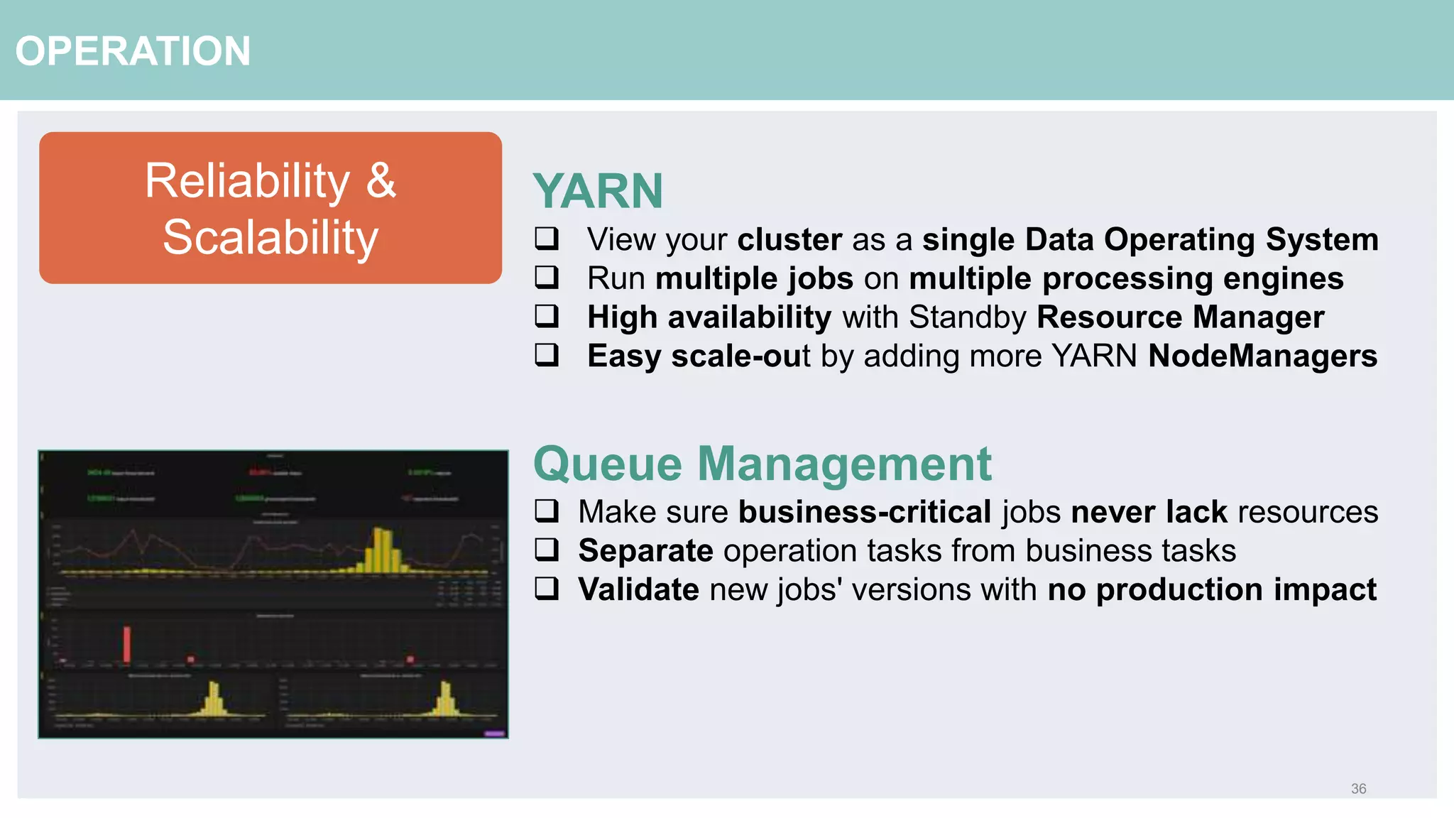 36
OPERATION
Reliability &
Scalability
YARN
 View your cluster as a single Data Operating System
 Run multiple jobs on multiple processing engines
 High availability with Standby Resource Manager
 Easy scale-out by adding more YARN NodeManagers
Queue Management
 Make sure business-critical jobs never lack resources
 Separate operation tasks from business tasks
 Validate new jobs' versions with no production impact
 